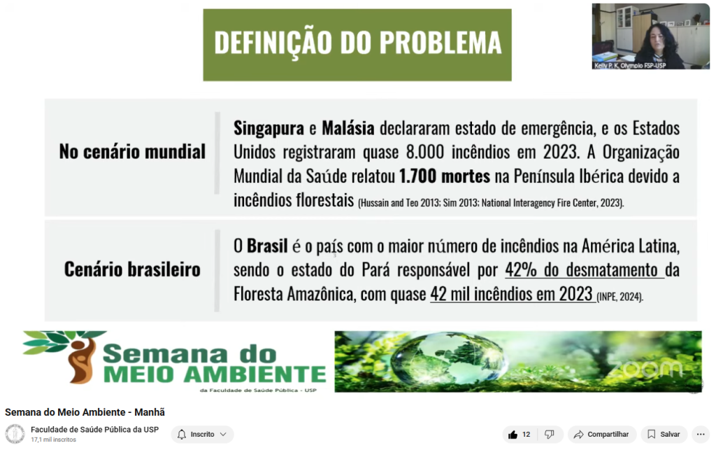 Transmissão online da Semana do Meio Ambiente 2025 pelo canal da FSP-USP no YouTube: slide “Definição do problema”, sobre incêndios florestais no mundo e no Brasil