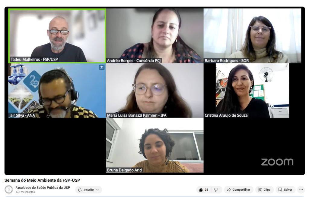 Transmissão online da Semana do Meio Ambiente 2025 pelo canal da FSP-USP no YouTube, com participantes em videoconferência