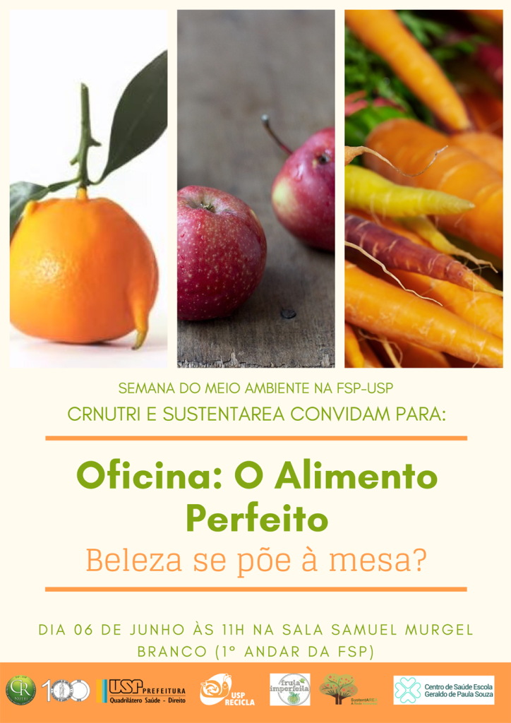 Cartaz da oficina O Alimento Perfeito: beleza se põe à mesa?, com fotos de uma tangerina, uma maçã e cenouras fora do padrão comercial
